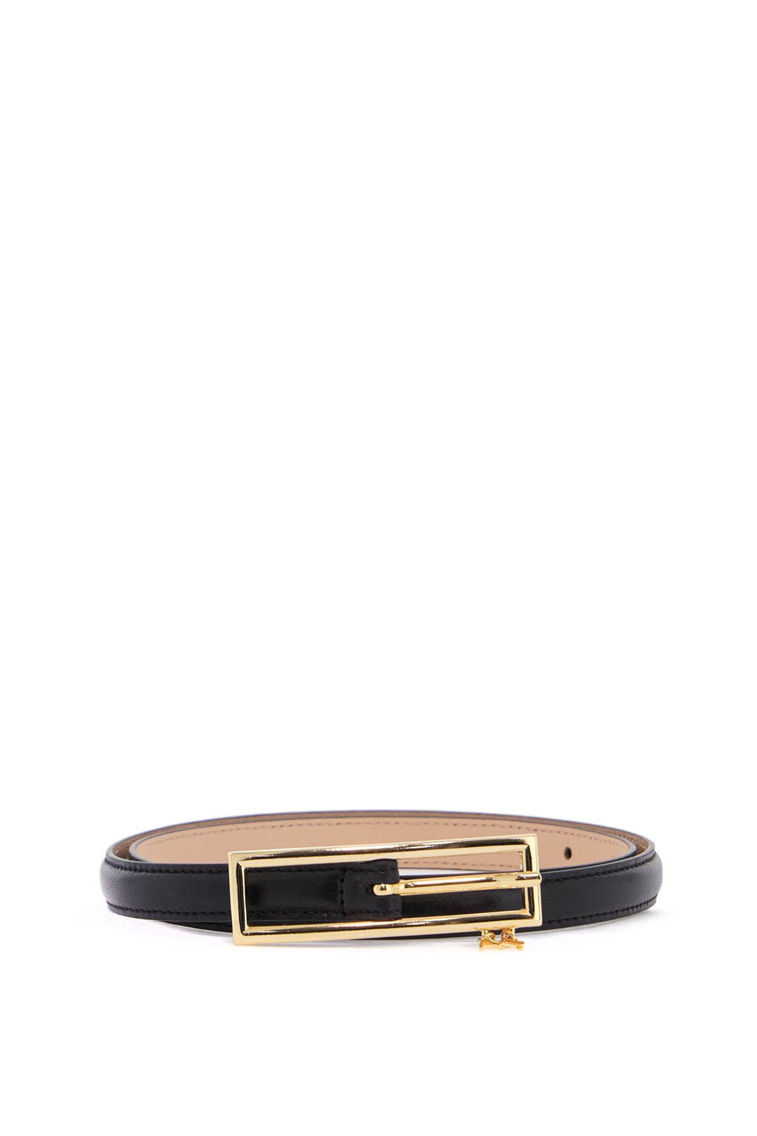 slim black leather belt with logo charm and brass buckle 1.5 cm-0