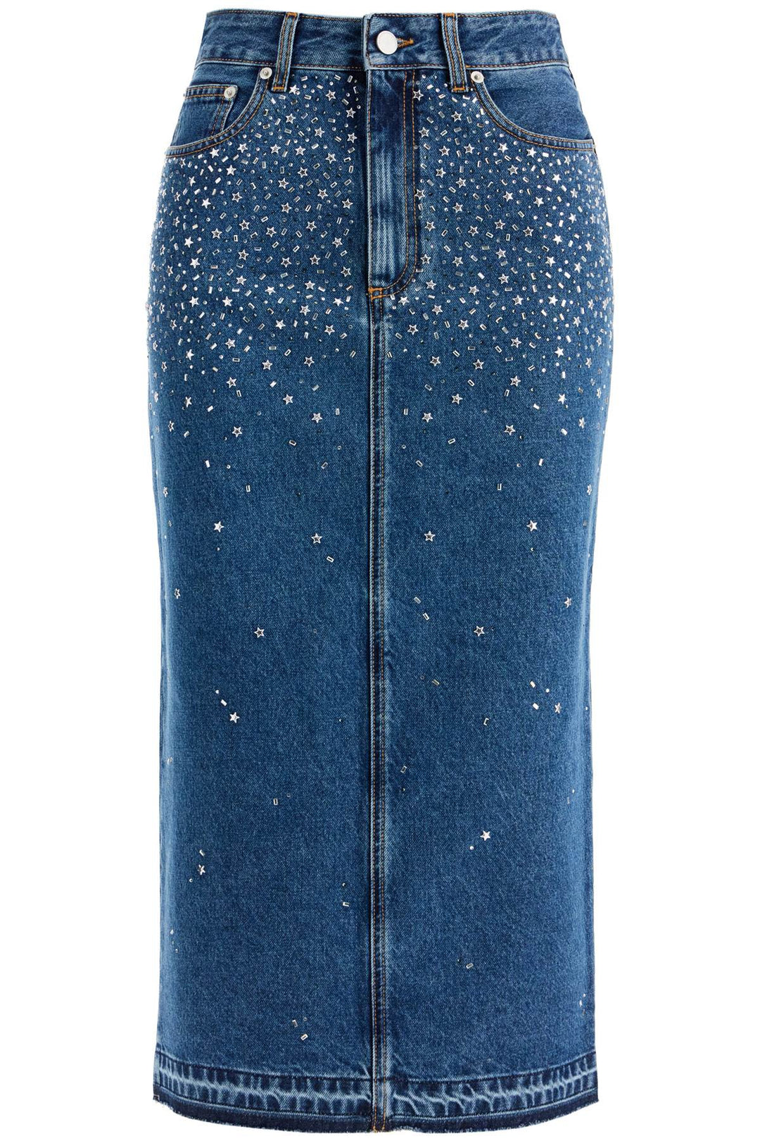 "denim midi skirt with rhin-0