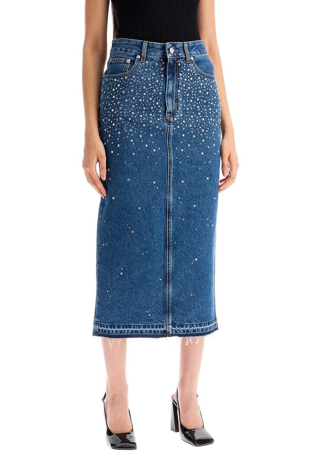 "denim midi skirt with rhin-1