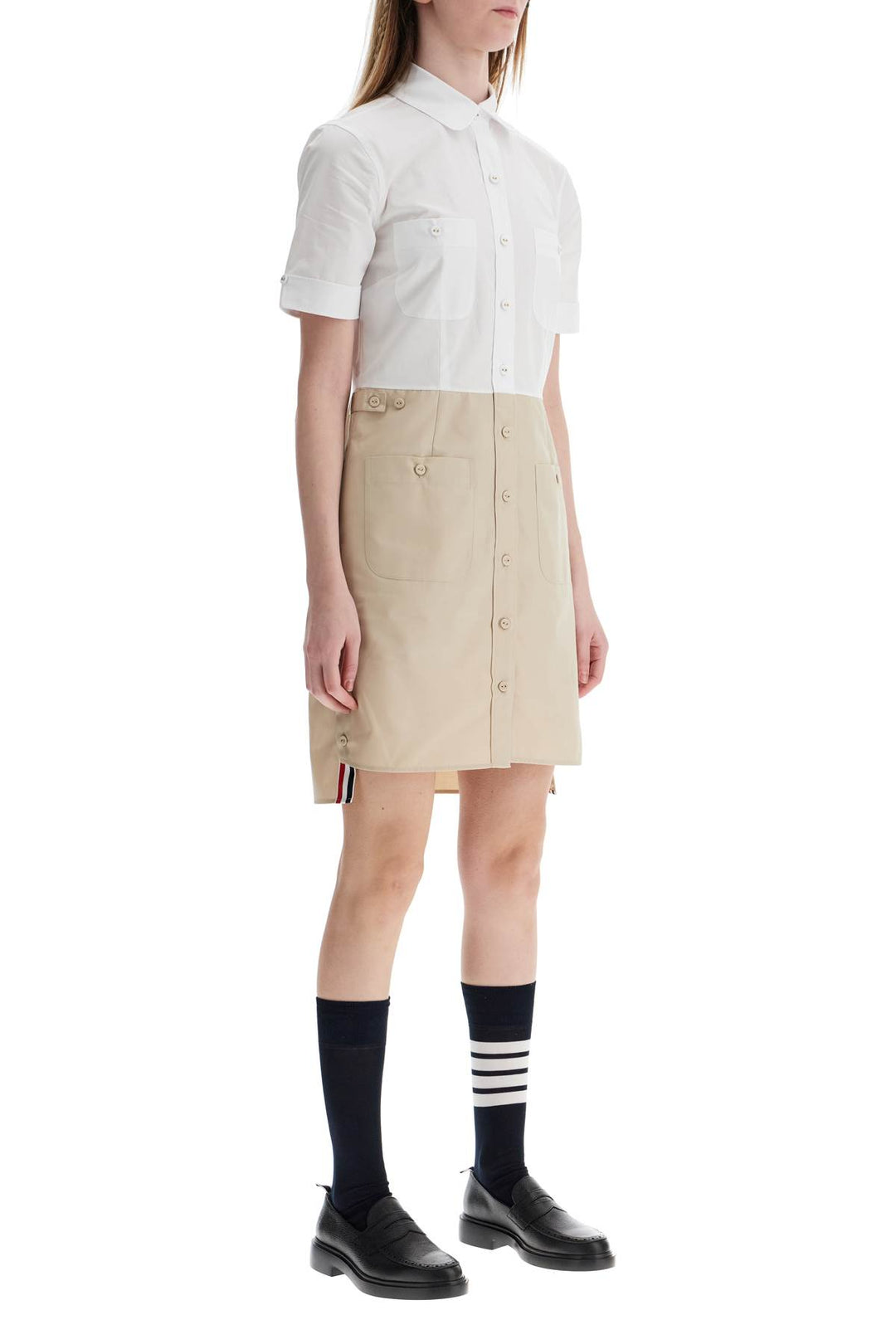 khaki typewriter cloth dress with striped logo-1