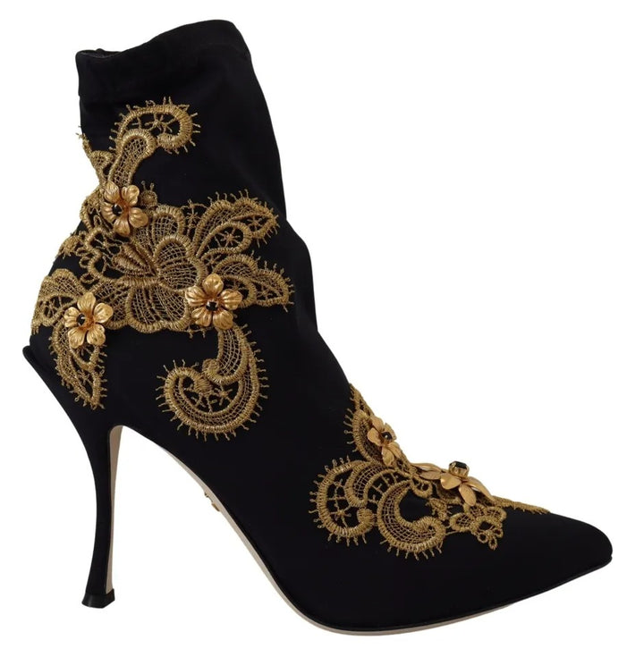 Black Gold Embroidery Slip On Boots Shoes