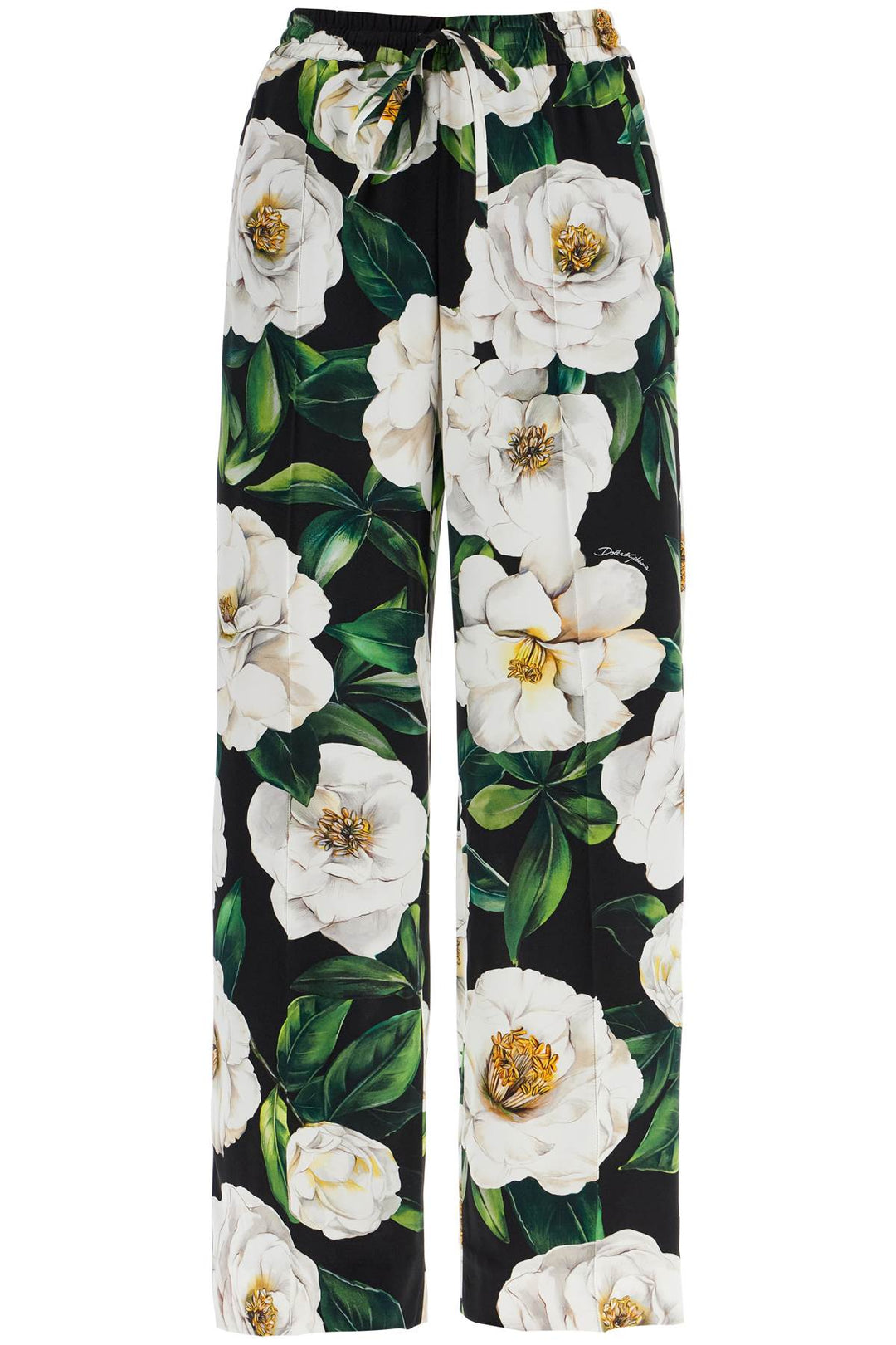 black silk pants with floral pattern-0