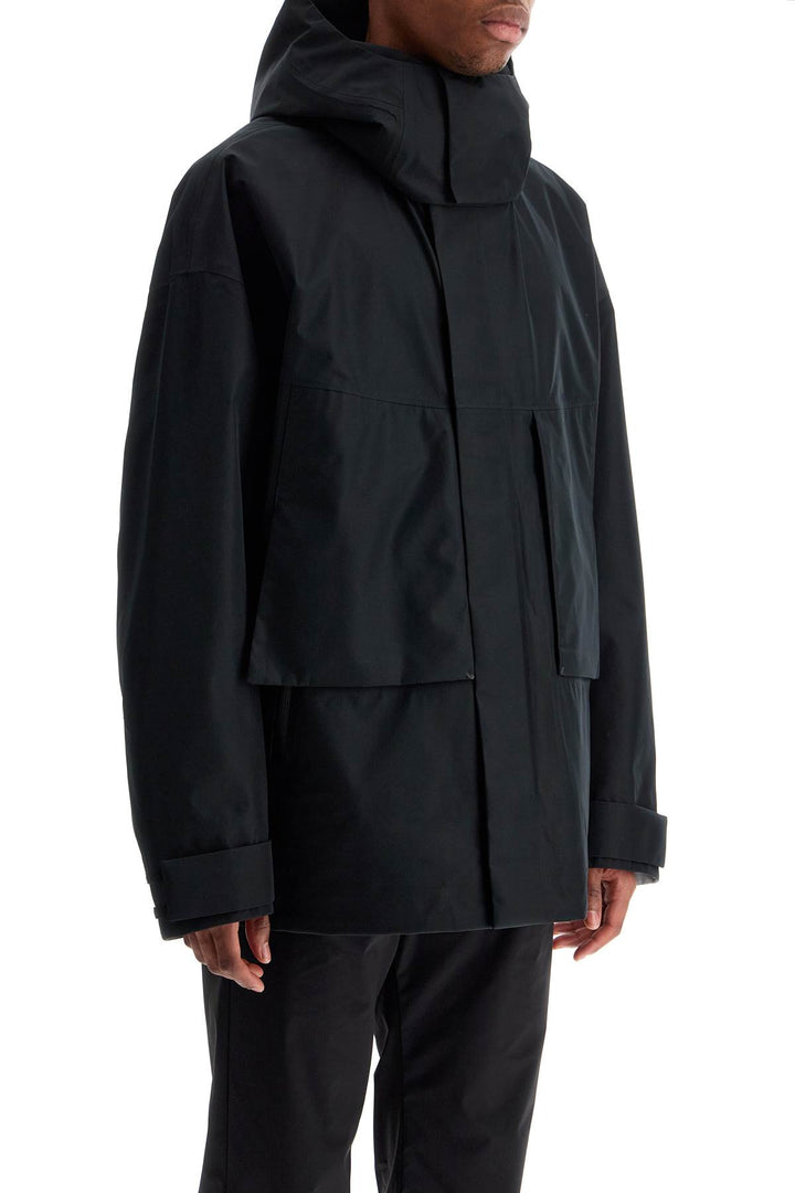 short black waterproof jacket for men in polyester with hood-1