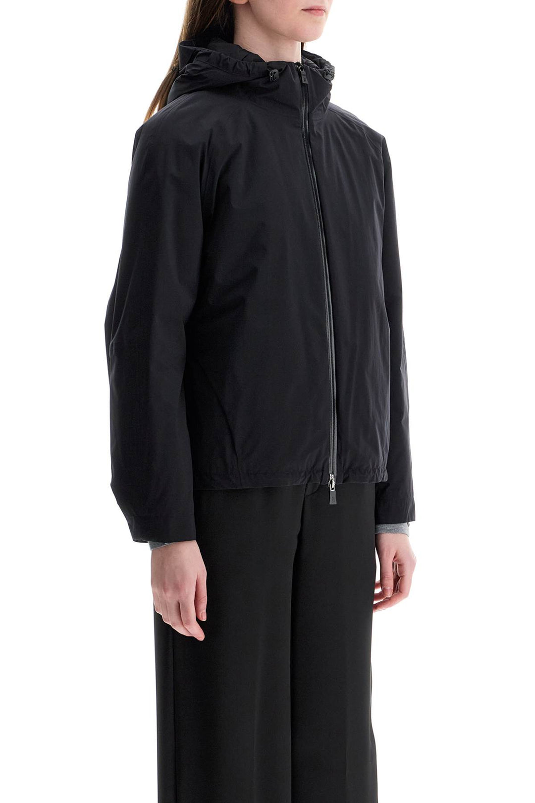 short black waterproof polyamide jacket with hood and zip-1