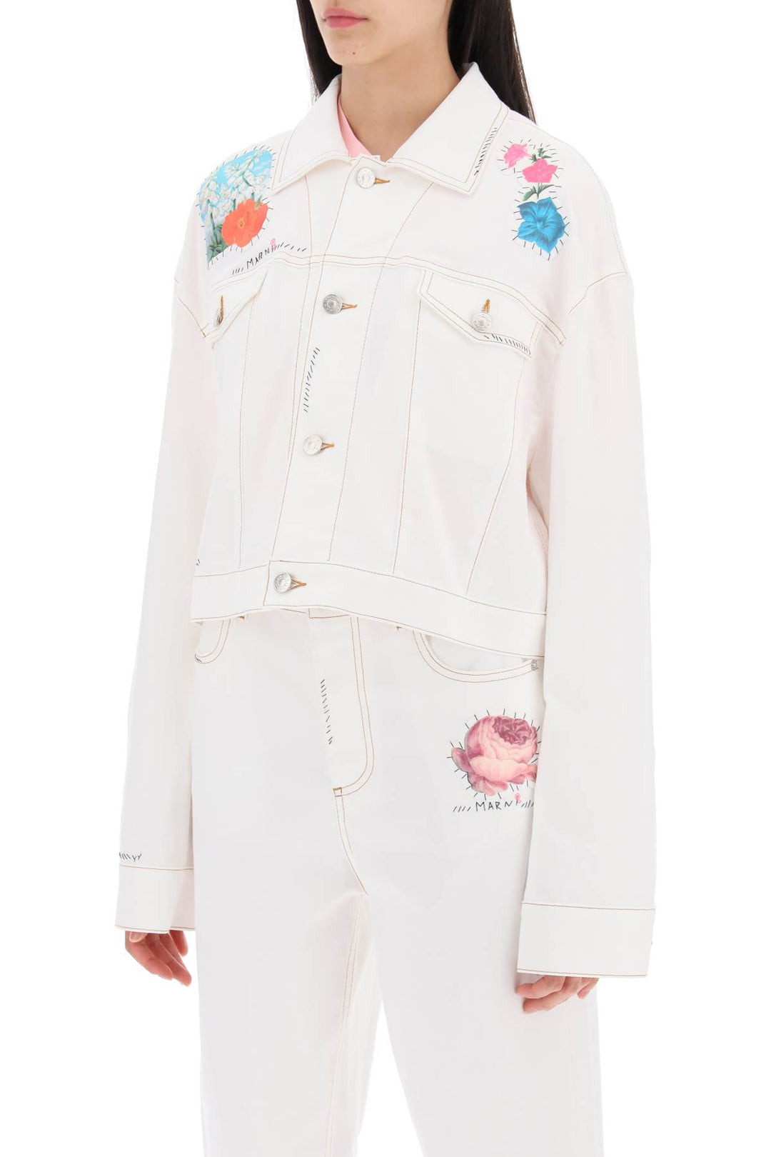 "cropped denim jacket with flower patches and embroidery"-3