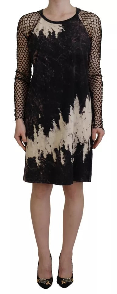 Black Tie Dye Mesh Long Sleeves Cotton Shift Dress