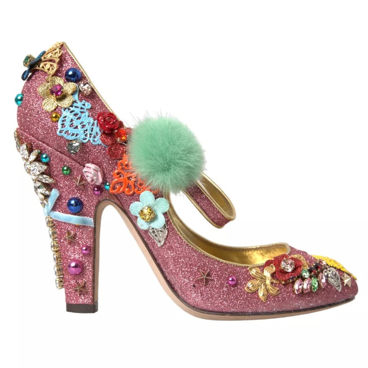 Pink Embellished Fur Mary Jane Pumps Shoes