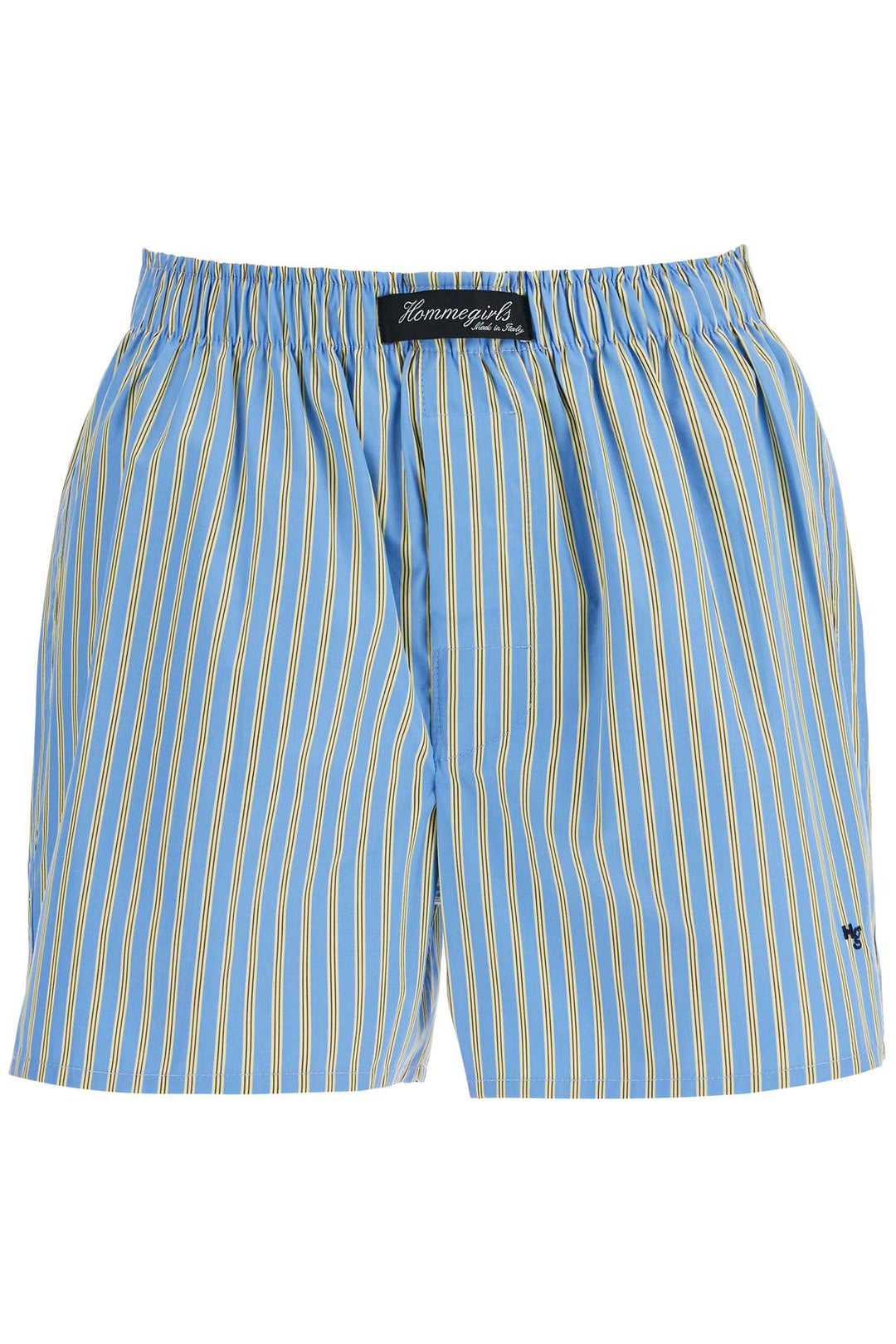 blue cotton boxer shorts with vertical yellow stripes-0