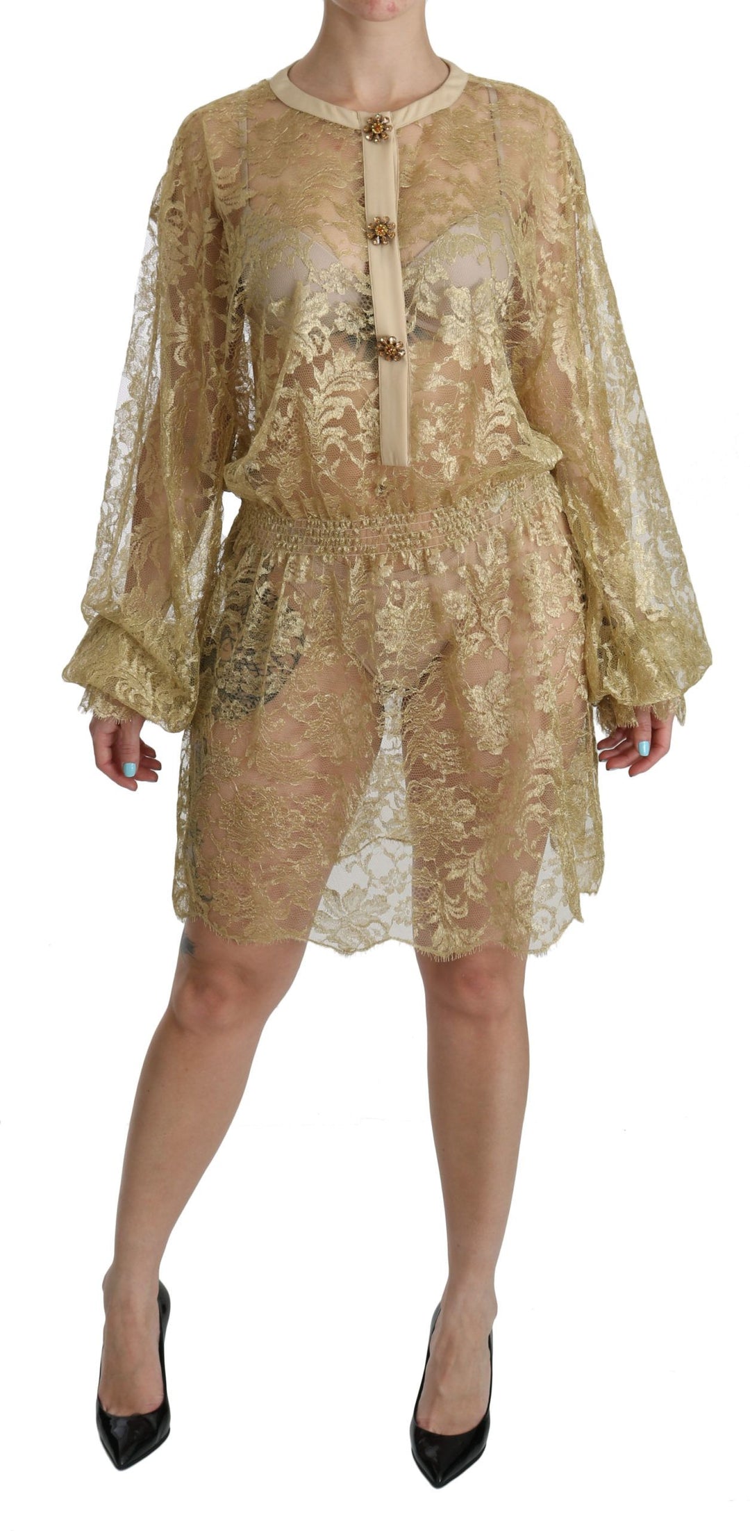 Dolce & Gabbana Elegant Gold Lace A-Line Knee Length Dress