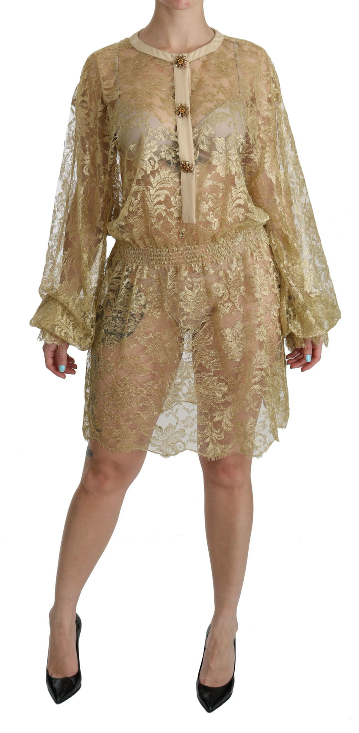 Dolce & Gabbana Elegant Gold Lace A-Line Knee Length Dress