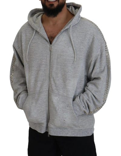 Dsquared² Gray Hooded Printed Crystal Embellishment Sweater