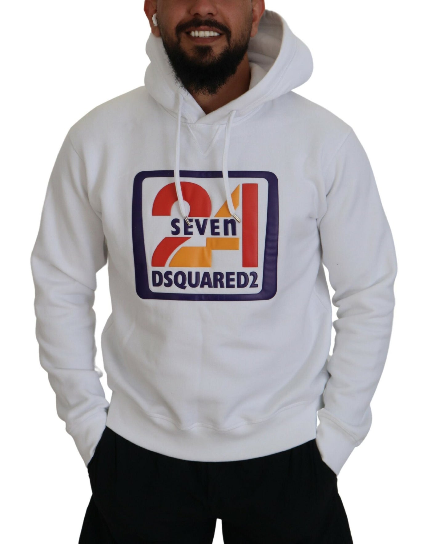 Dsquared² White Cotton Hooded Printed Men Pullover Sweater