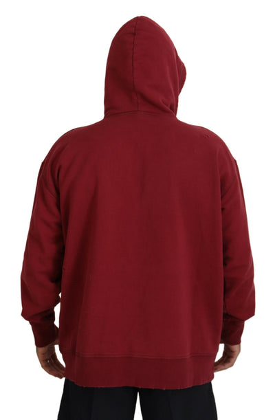 Dsquared² Maroon Cotton Tattered Hooded Printed Pullover Sweater