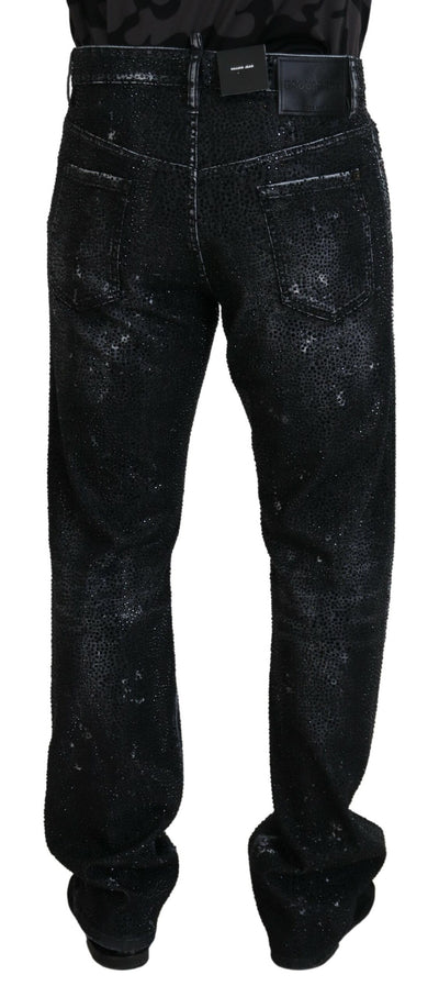 Dsquared² Black Crystal Embellished Tattered Denim Jeans