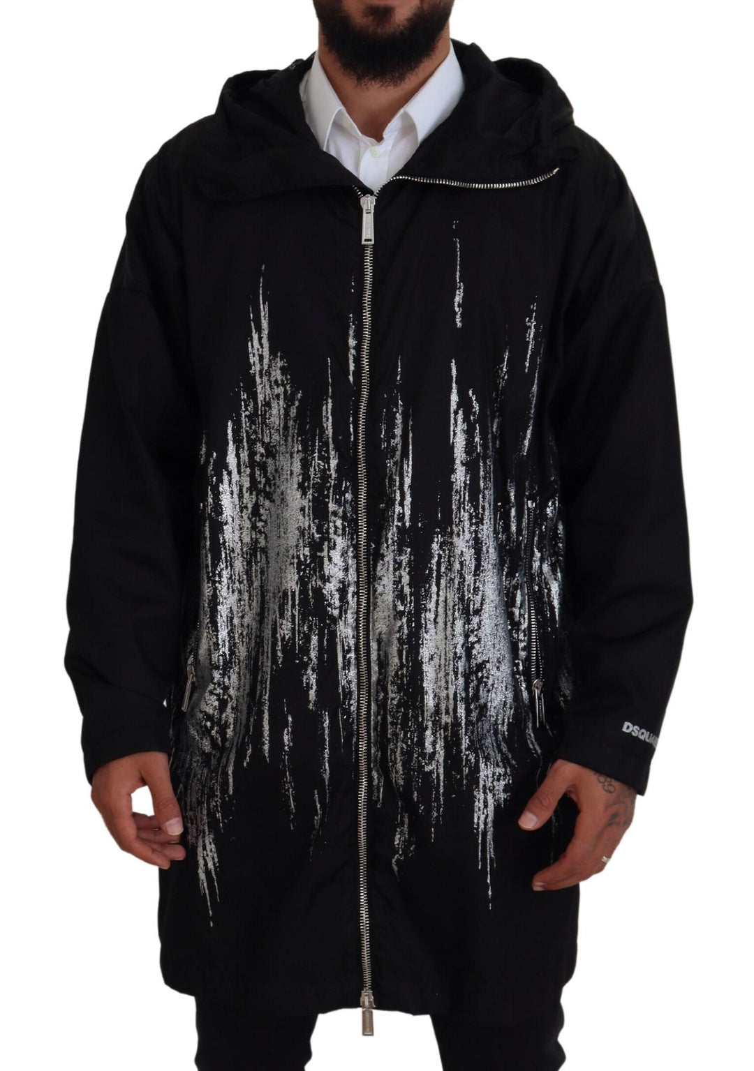 Dsquared² Black White Print Long Hooded Coat Nylon Jacket