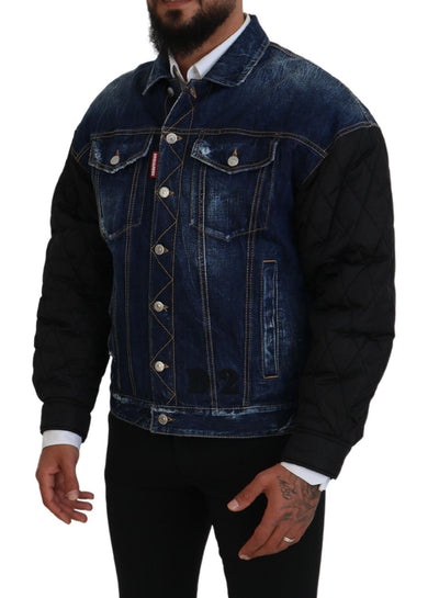 Dsquared² Blue Denim Black Sleeves Men Jacket Cotton Bomber