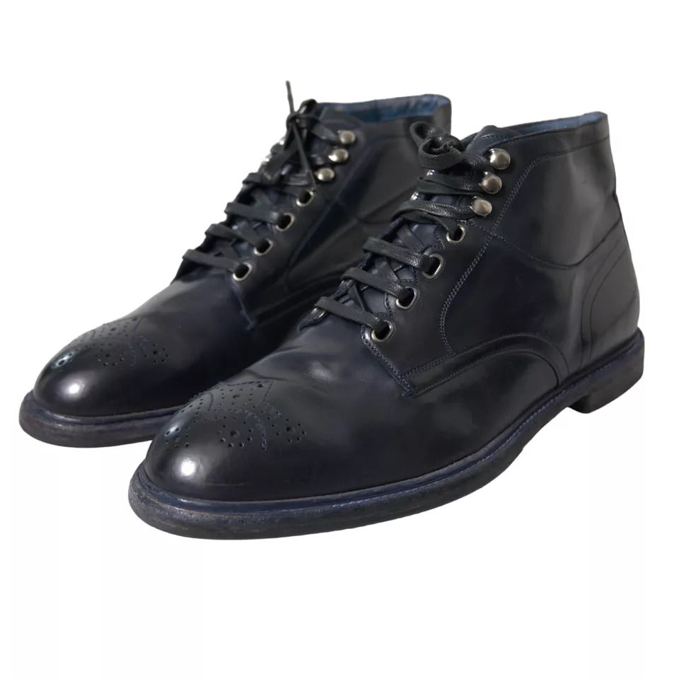 Navy Blue Leather Lace Up Ankle Boots Shoes