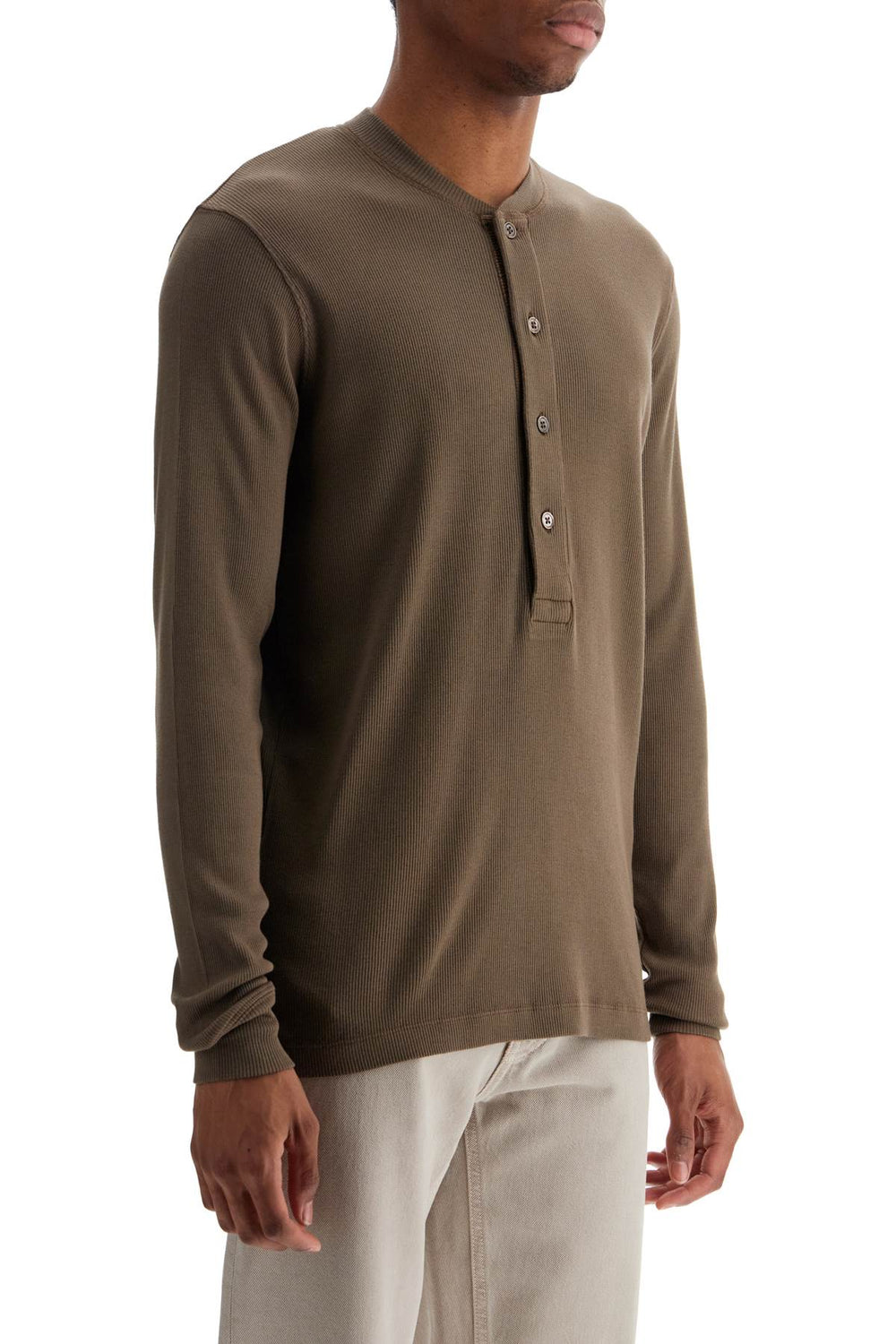 henley t-shirt in moss green modal cotton with mother-of-pearl buttons-1