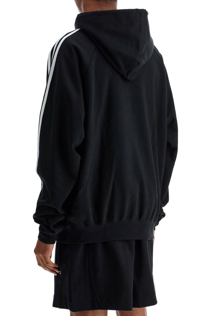 black cotton and recycled polyester hoodie with white raglan stripes-2