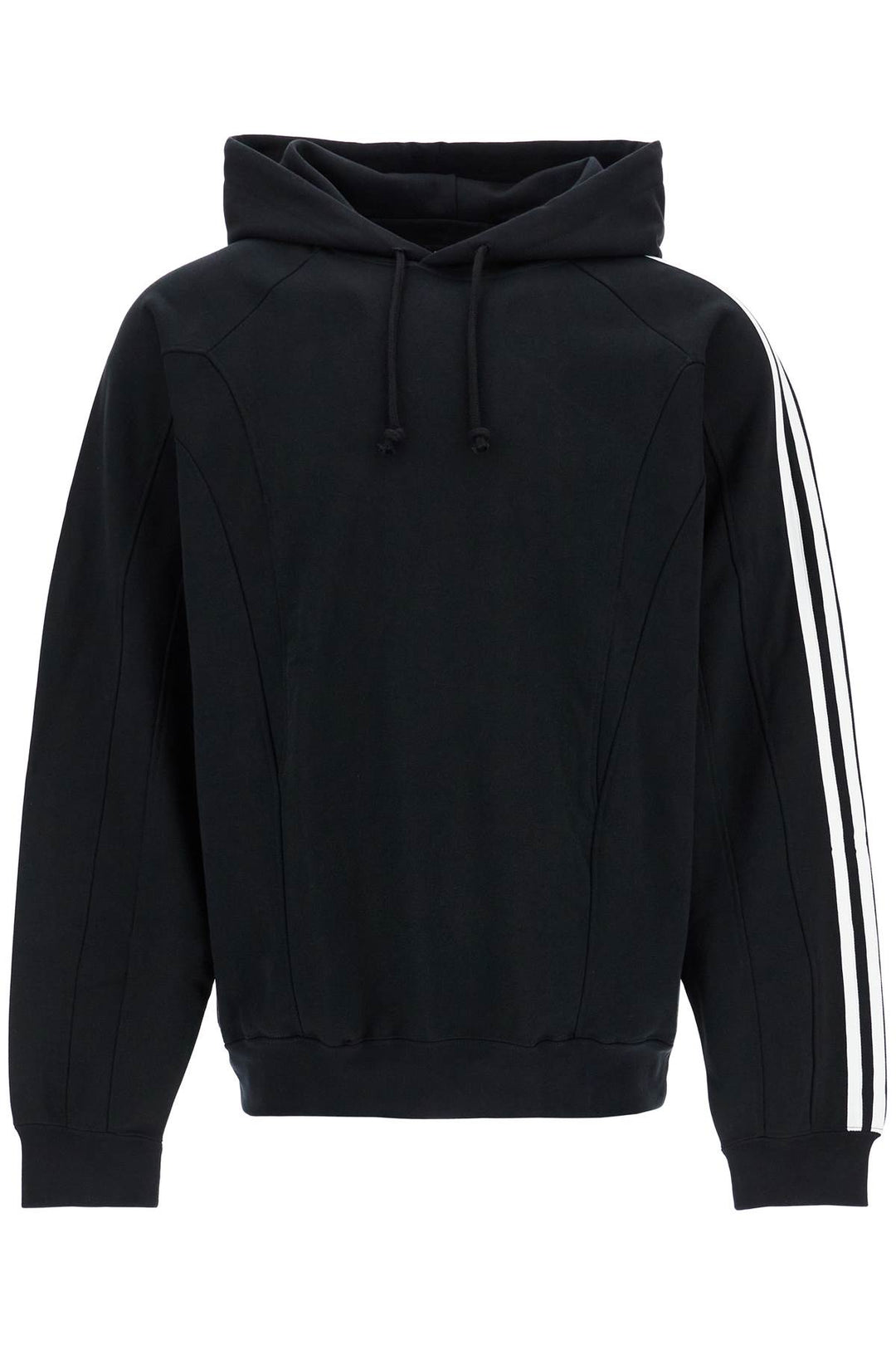 black cotton and recycled polyester hoodie with white raglan stripes-0