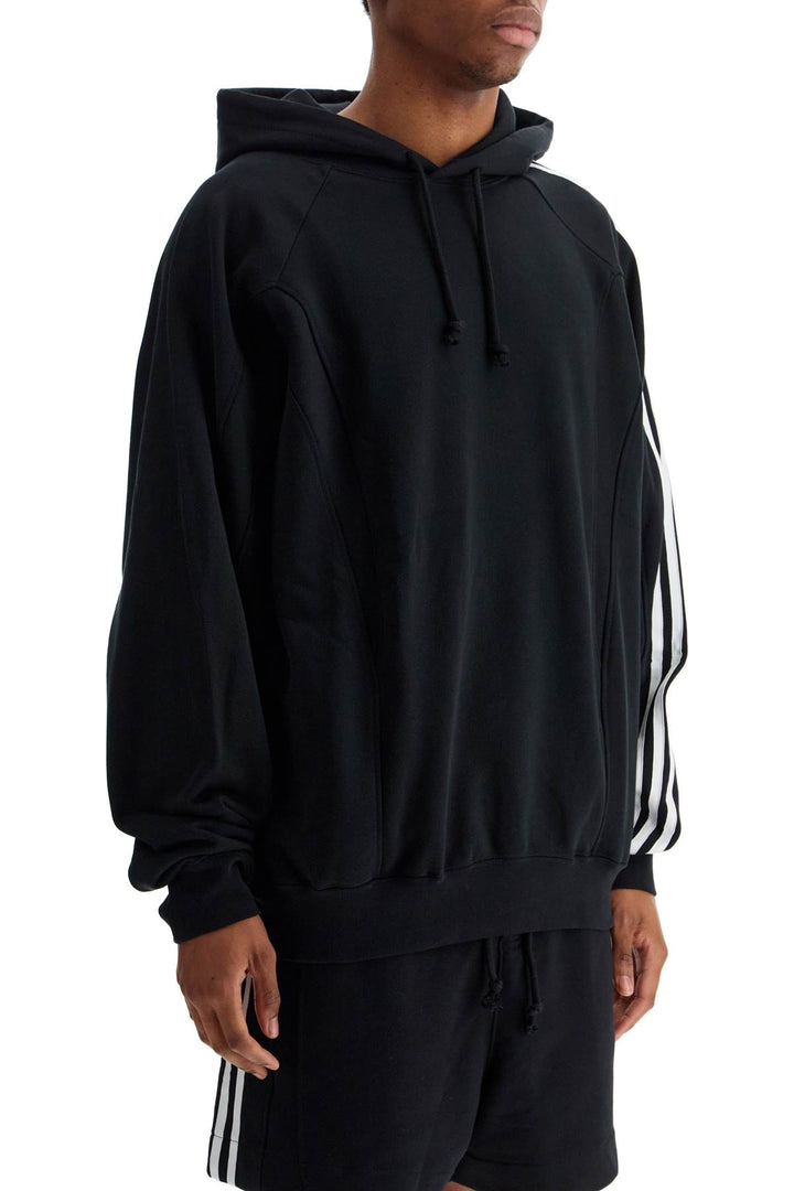 black cotton and recycled polyester hoodie with white raglan stripes-1