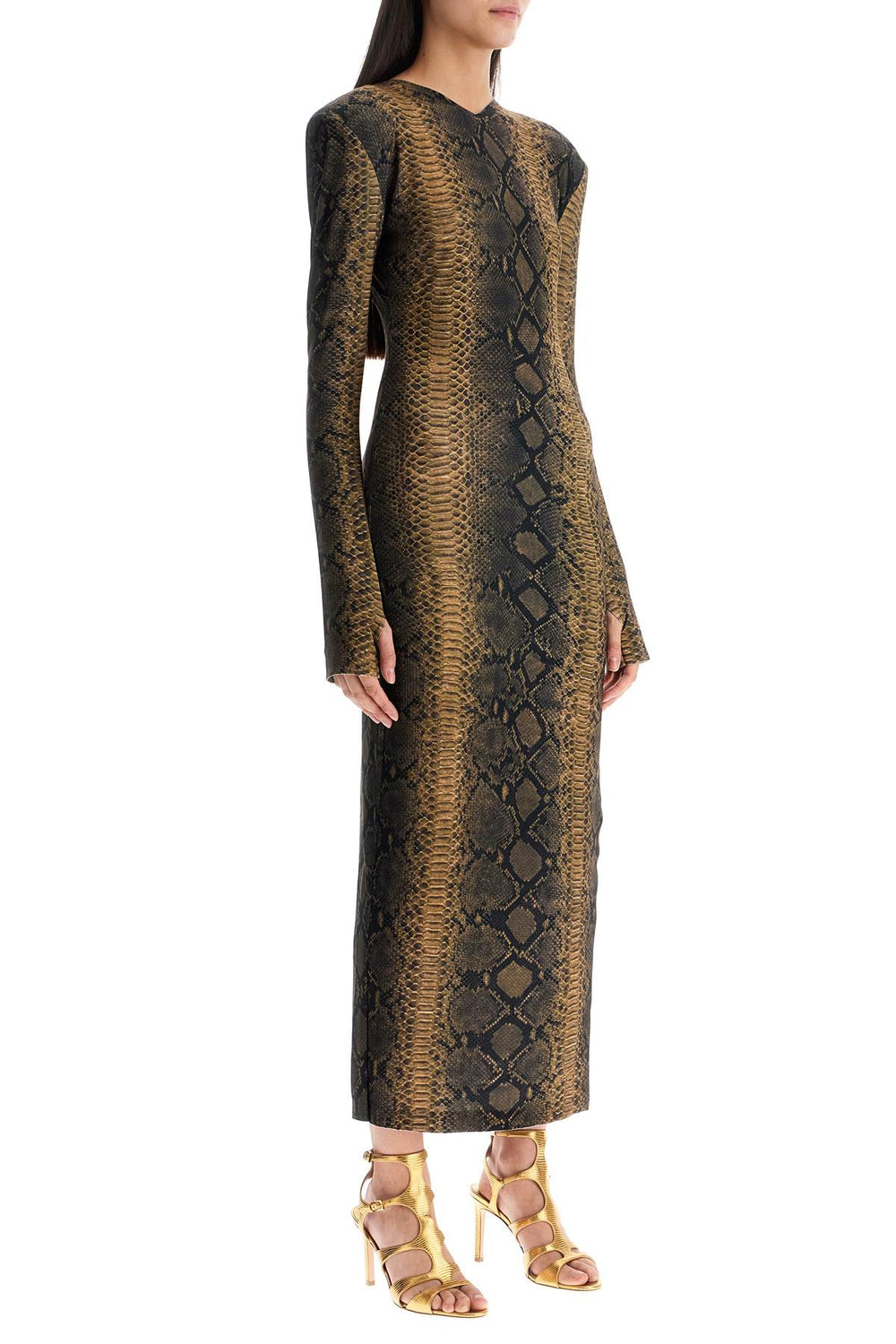 brown slim fit long python effect dress-1