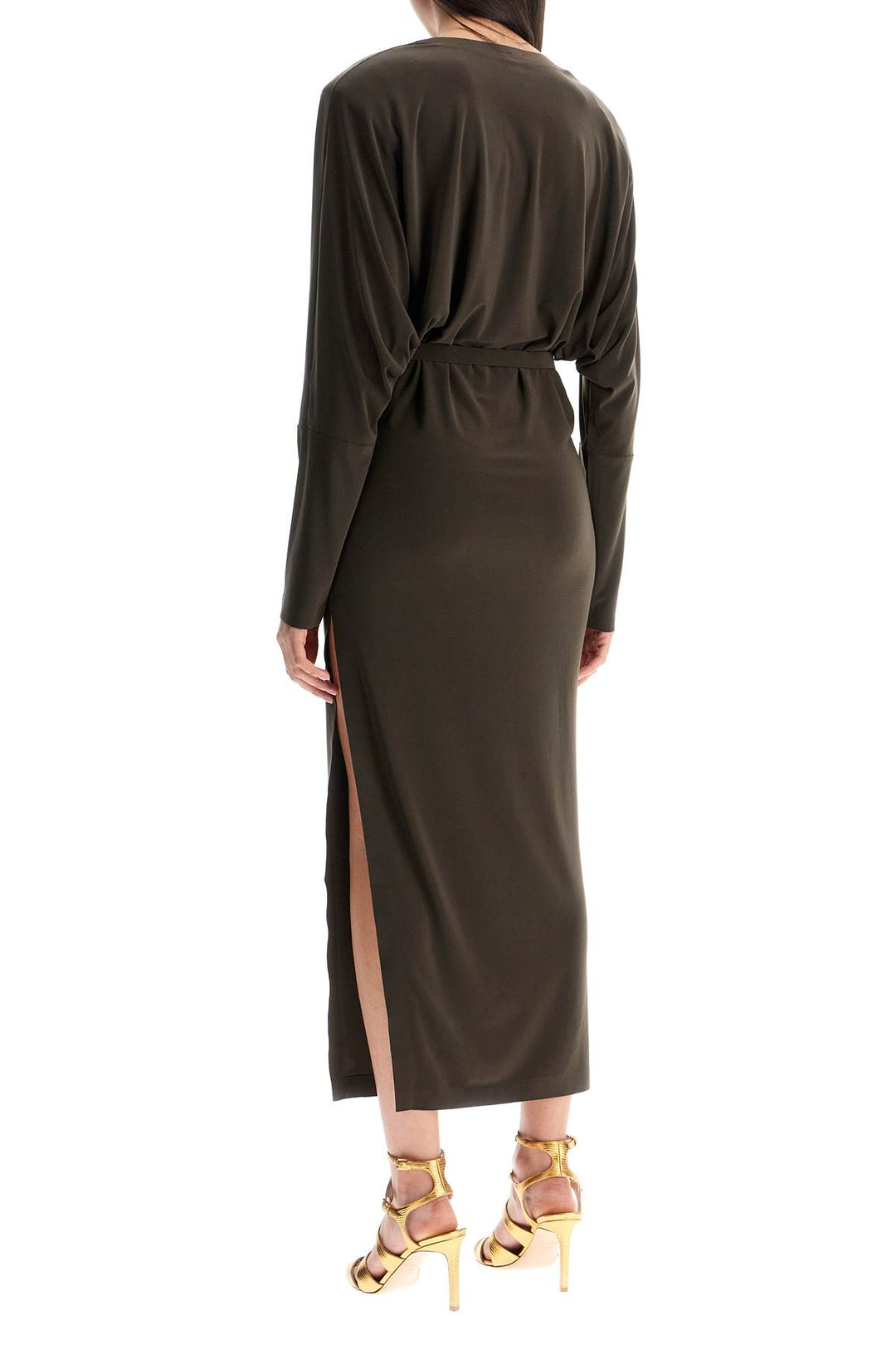 brown midi slim long dress with v-neck and side slit-2