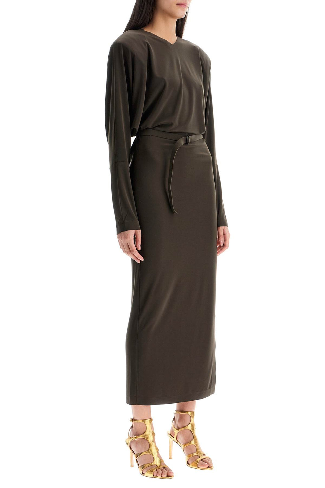 brown midi slim long dress with v-neck and side slit-1