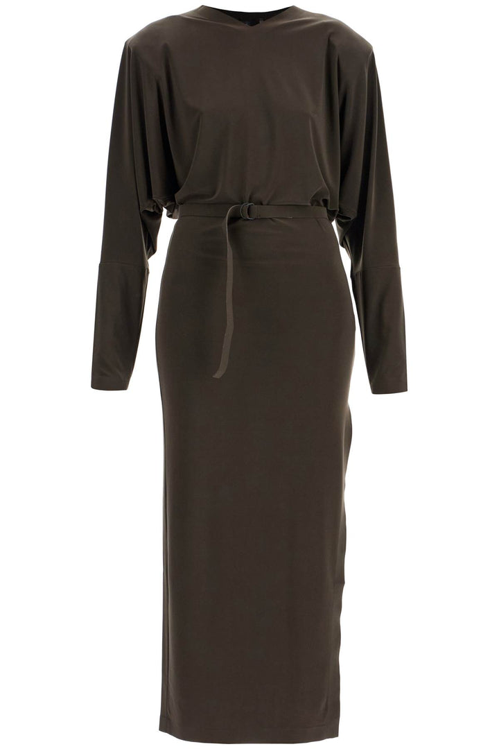 brown midi slim long dress with v-neck and side slit-0