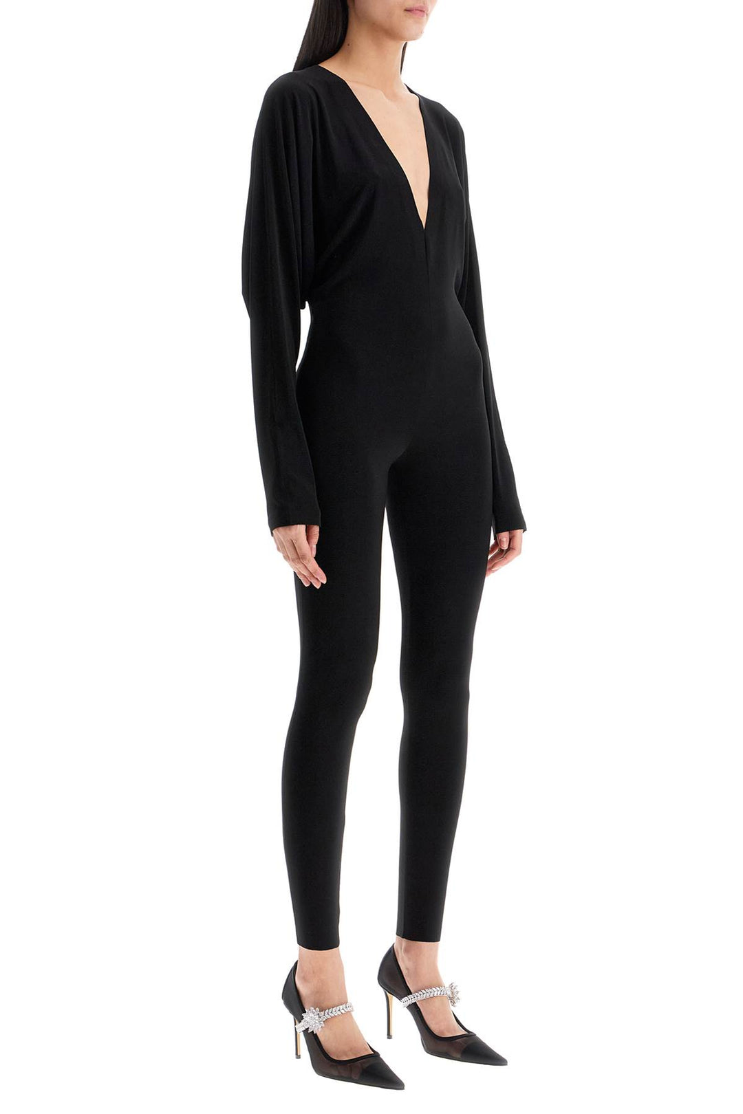 black slim fit long sleeve v neck jumpsuit-1