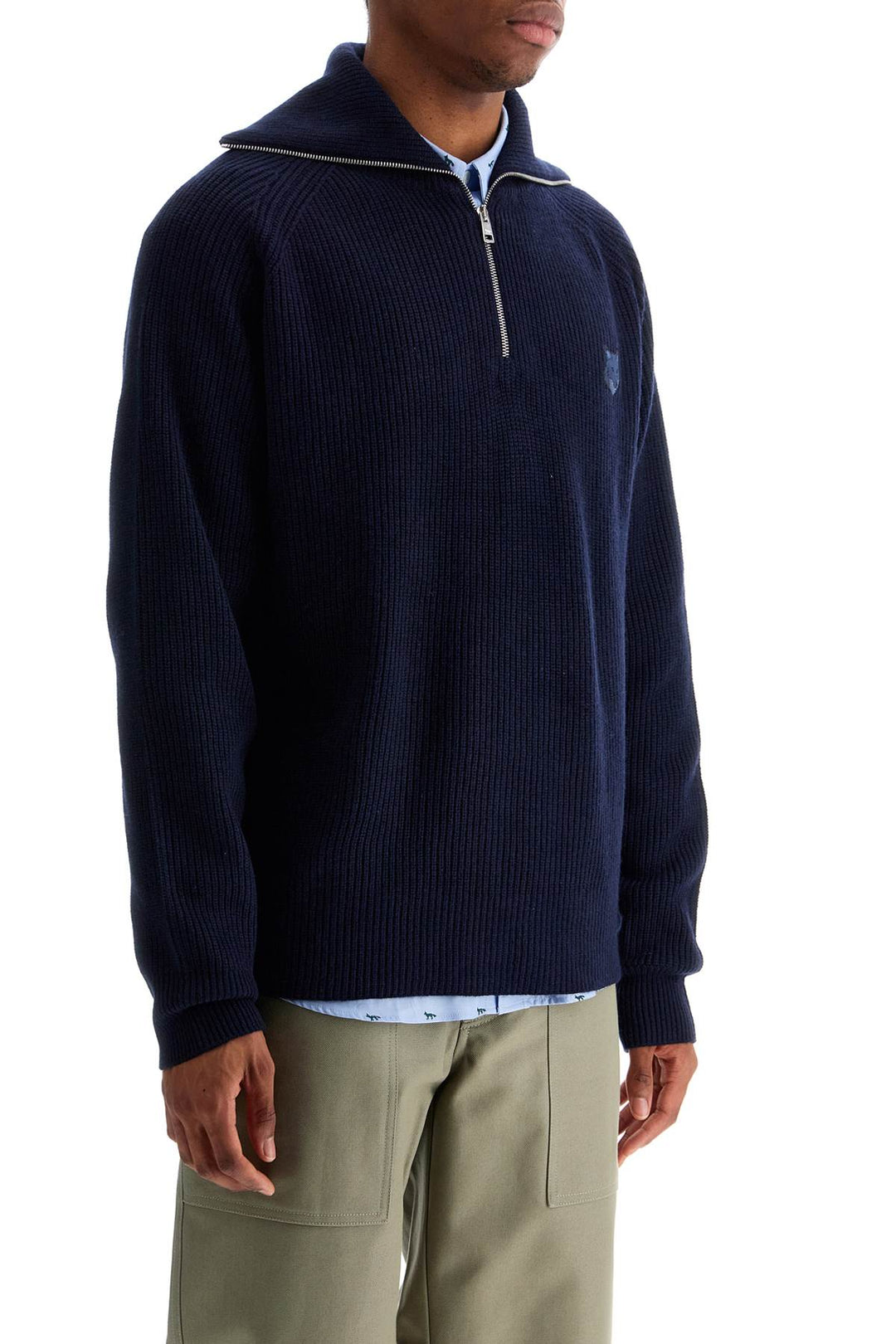 ink blue wool sweater with fox head patch and half zip-1