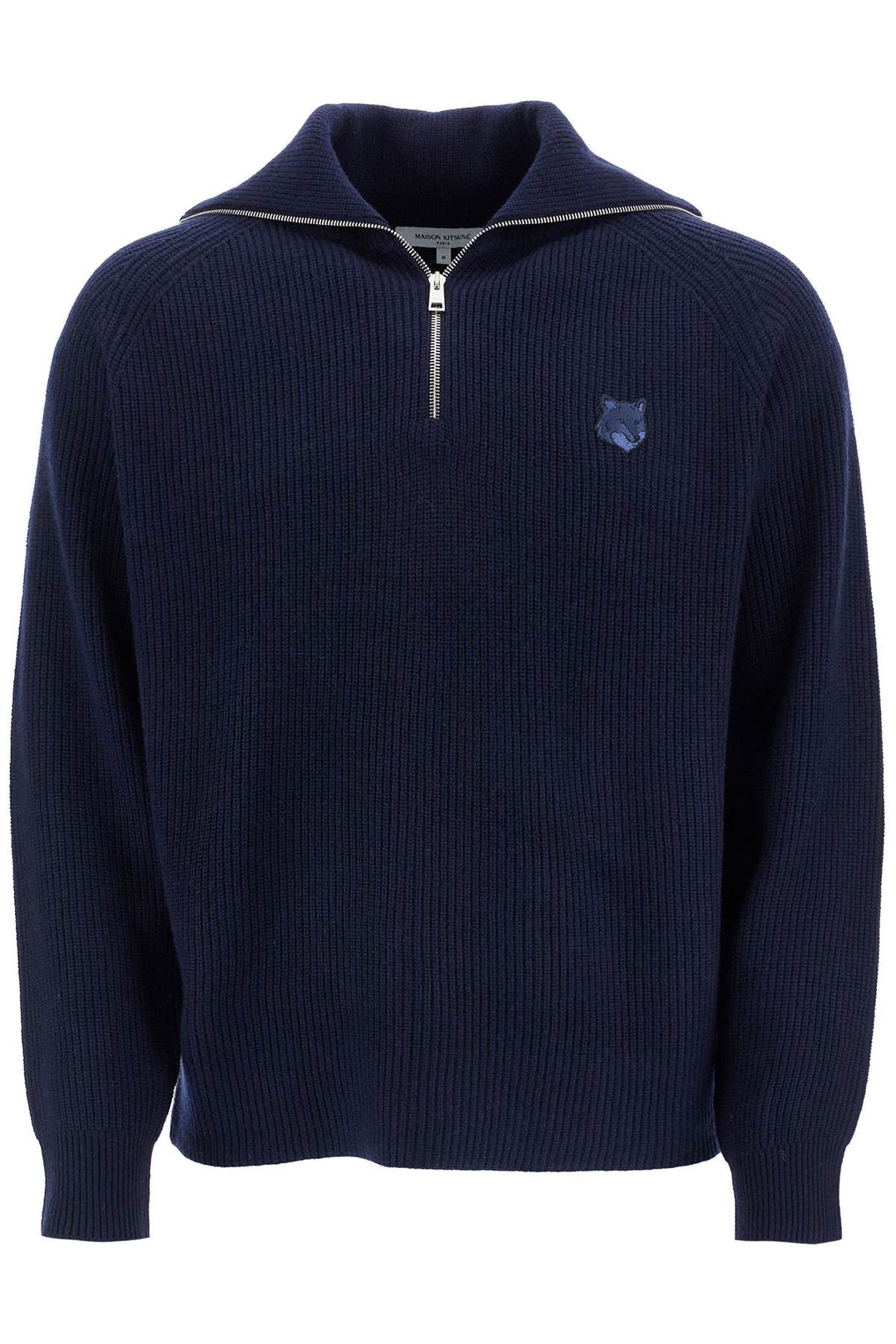 ink blue wool sweater with fox head patch and half zip-0