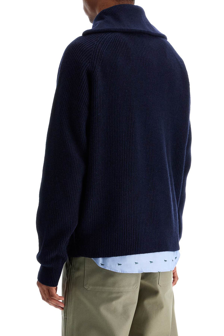 ink blue wool sweater with fox head patch and half zip-2