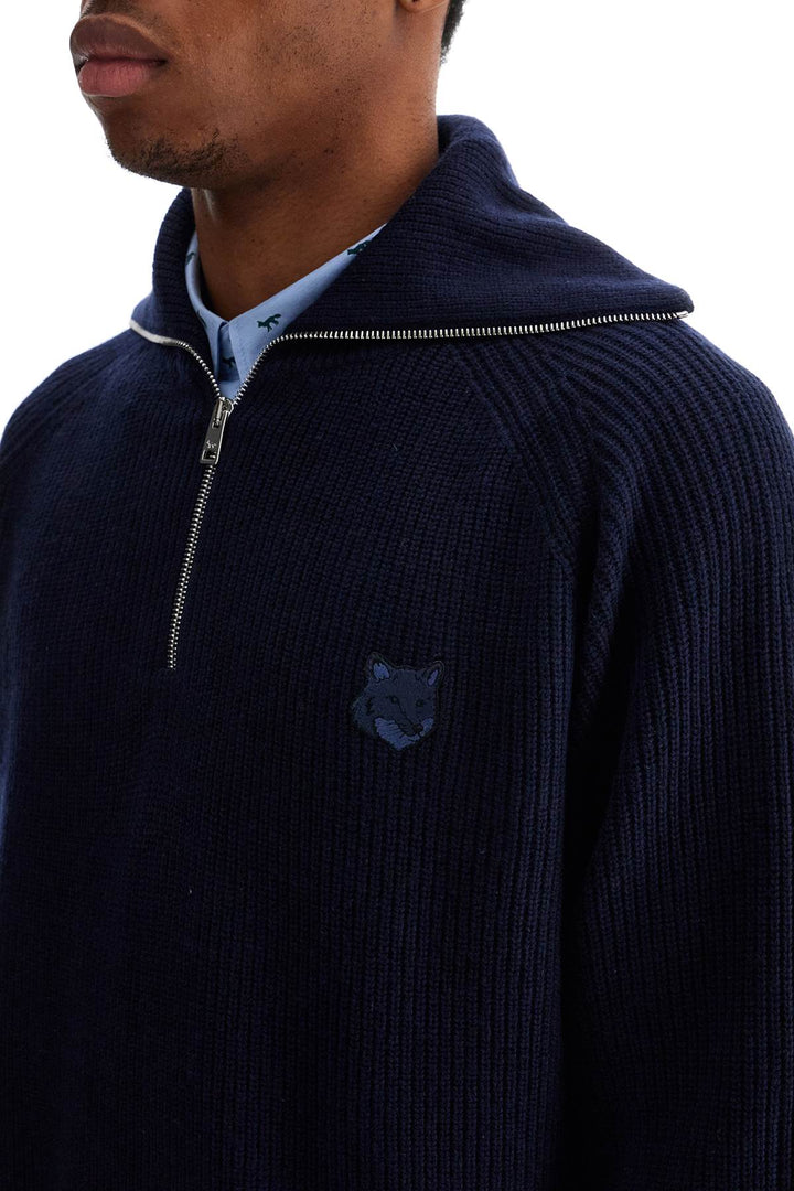 ink blue wool sweater with fox head patch and half zip-3