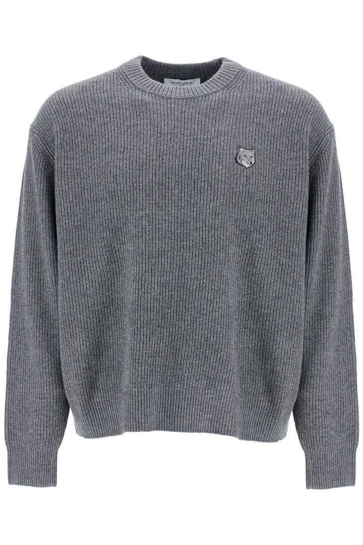 gray mélange wool sweater with embroidered fox logo-0