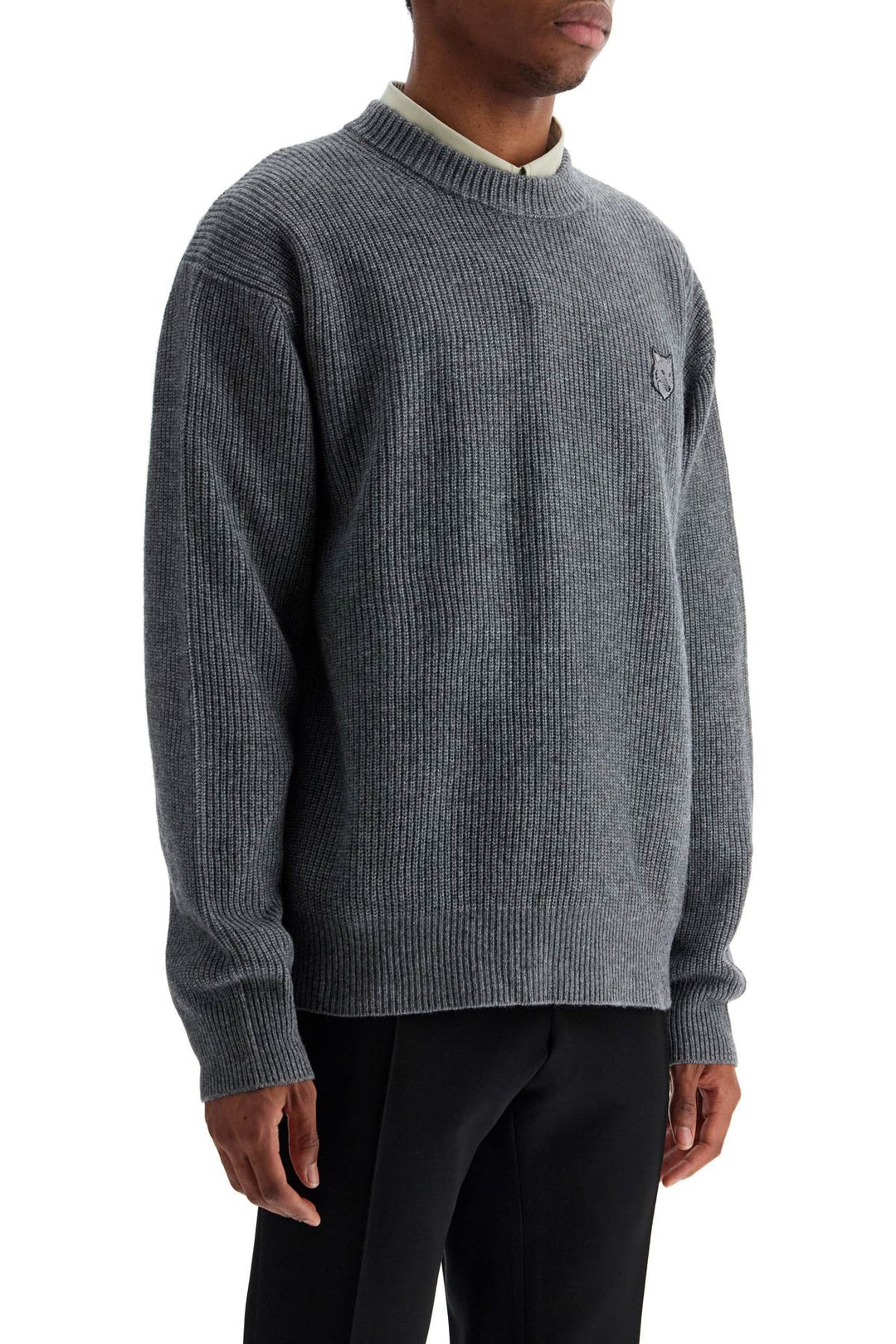 gray mélange wool sweater with embroidered fox logo-1