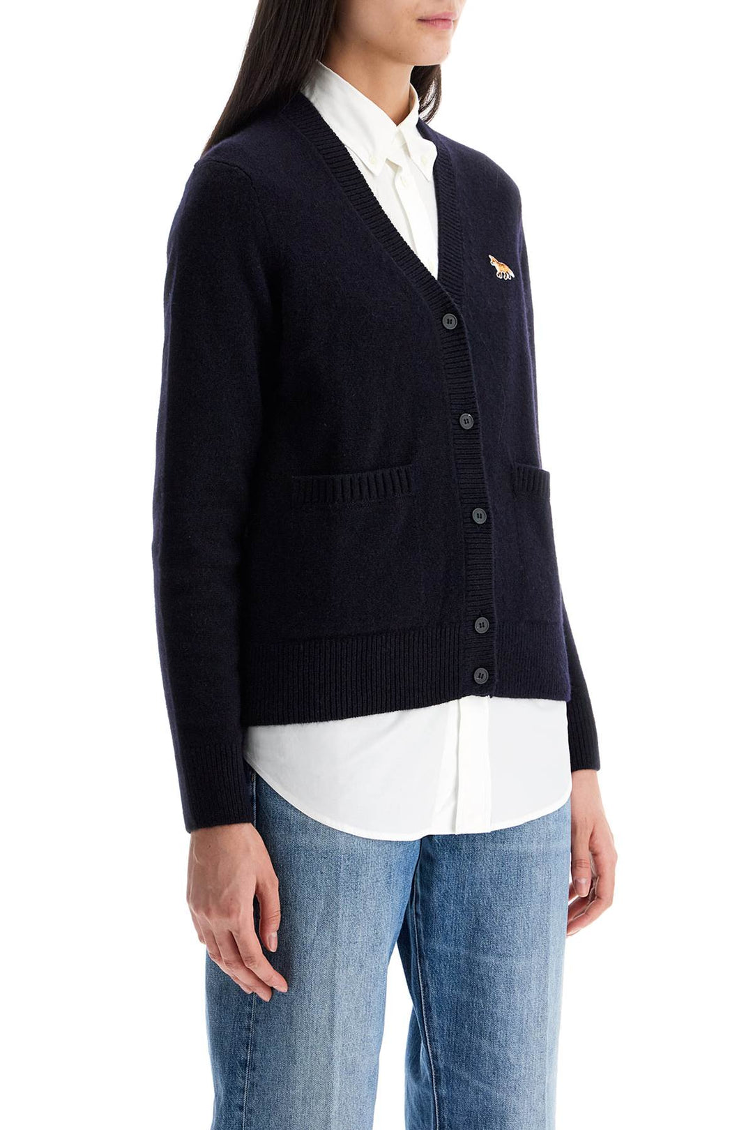 oversized blue cardigan 100% wool with fox patch-1