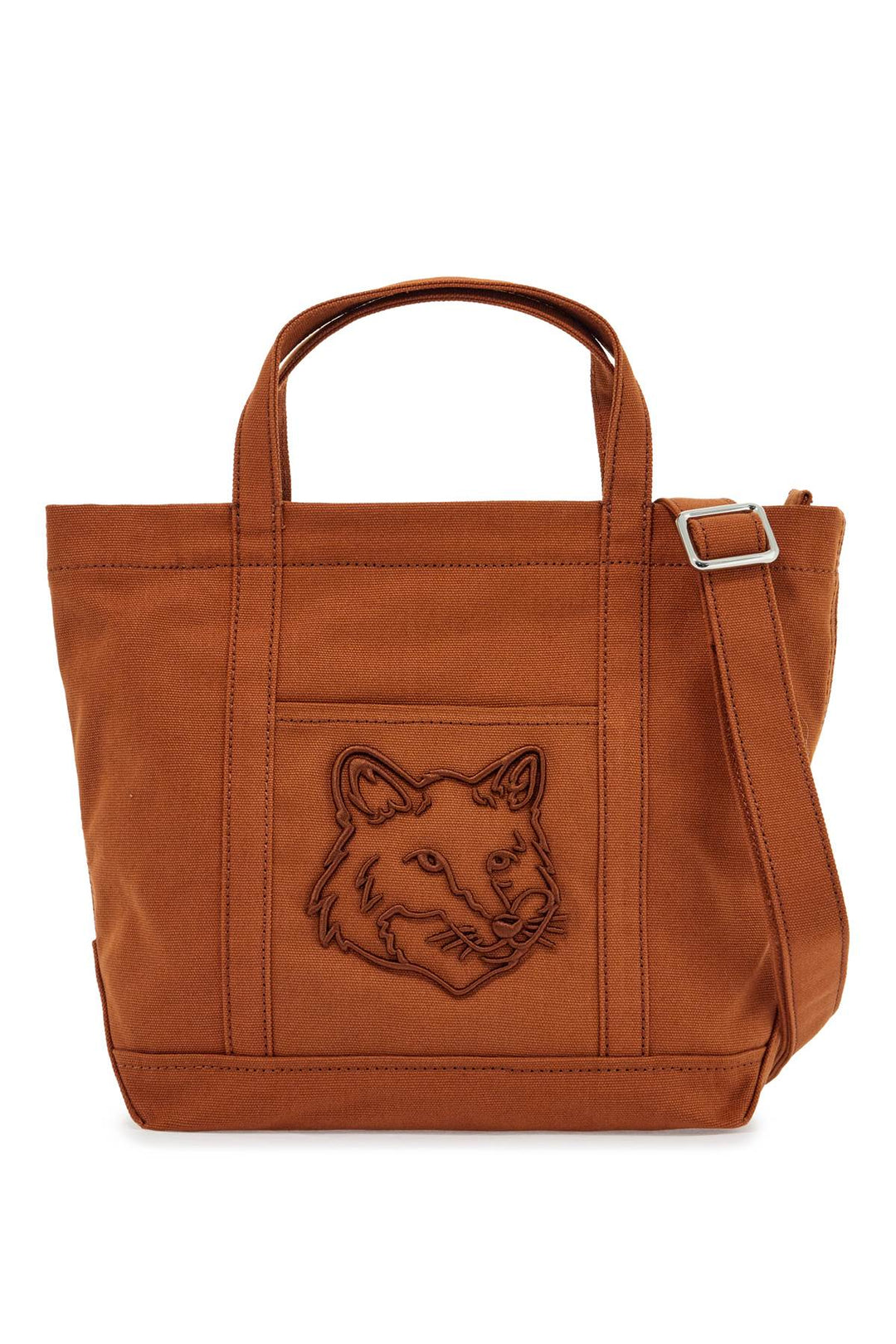 light brown cotton tote bag with fox embroidery-0