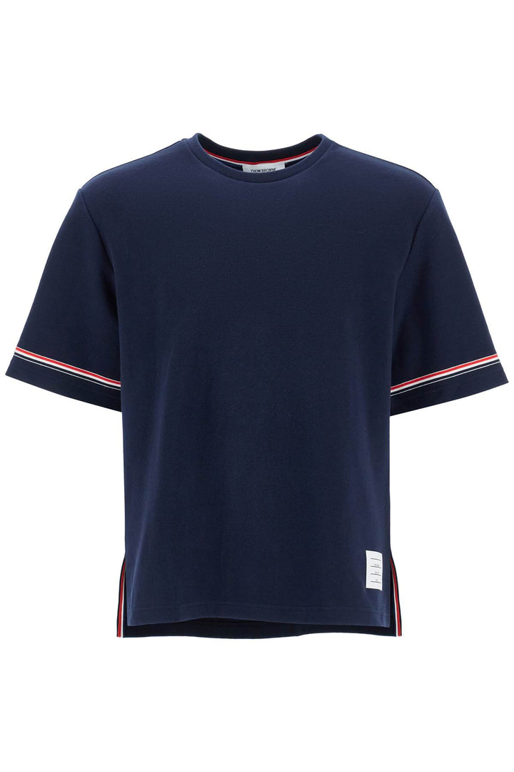 navy blue striped cotton t-shirt with wide neck-0