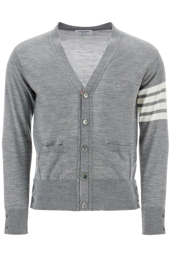 men's cardigan in pale grey merino wool with 4 white stripes-0