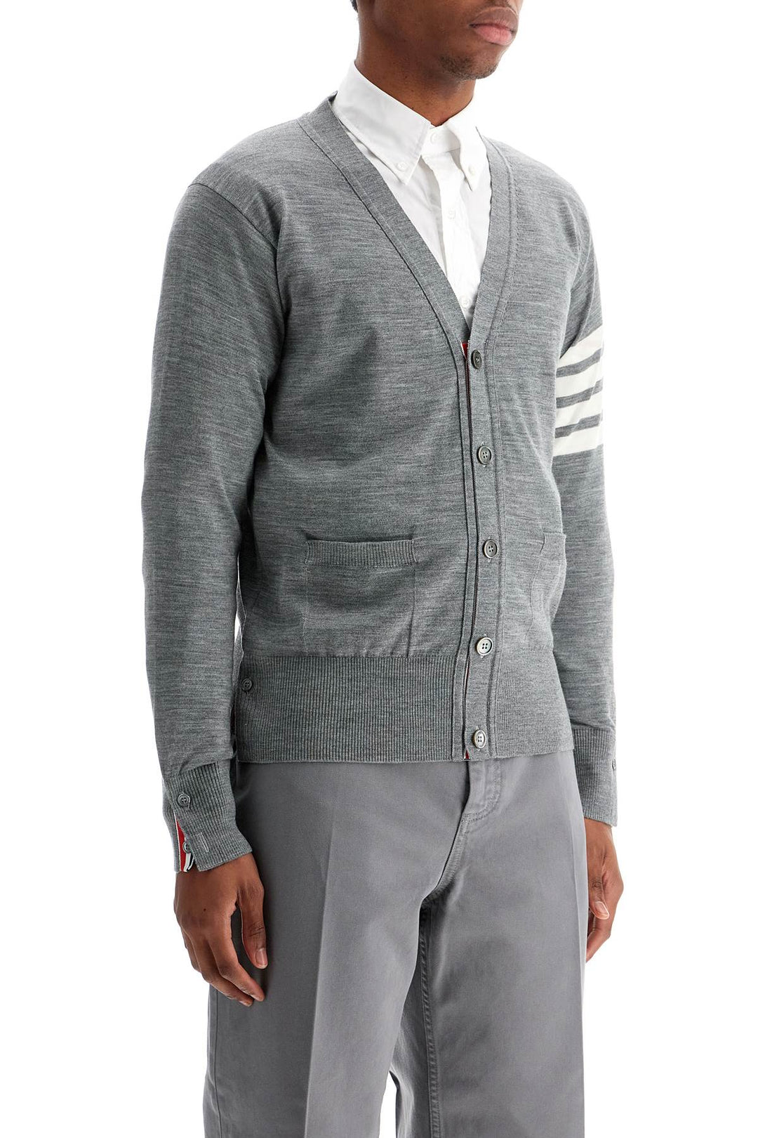 men's cardigan in pale grey merino wool with 4 white stripes-1