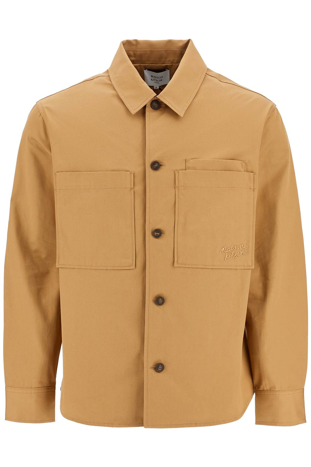 minimalist beige chino cotton shirt with buttons and applied pockets-0