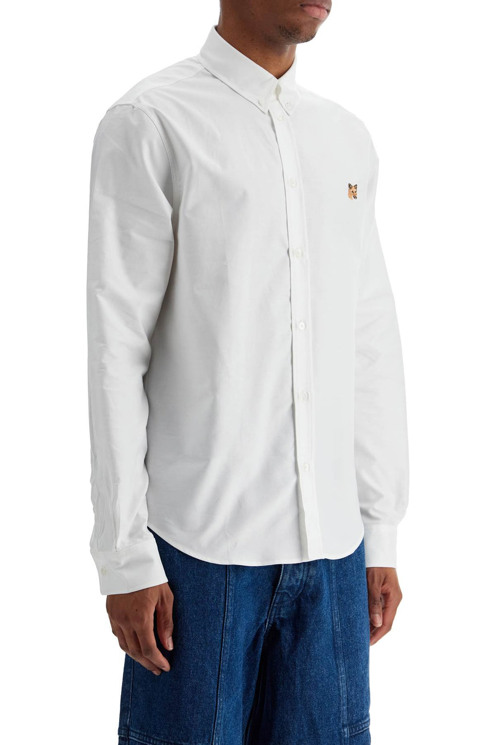 men's white cotton shirt with fox embroidery-1