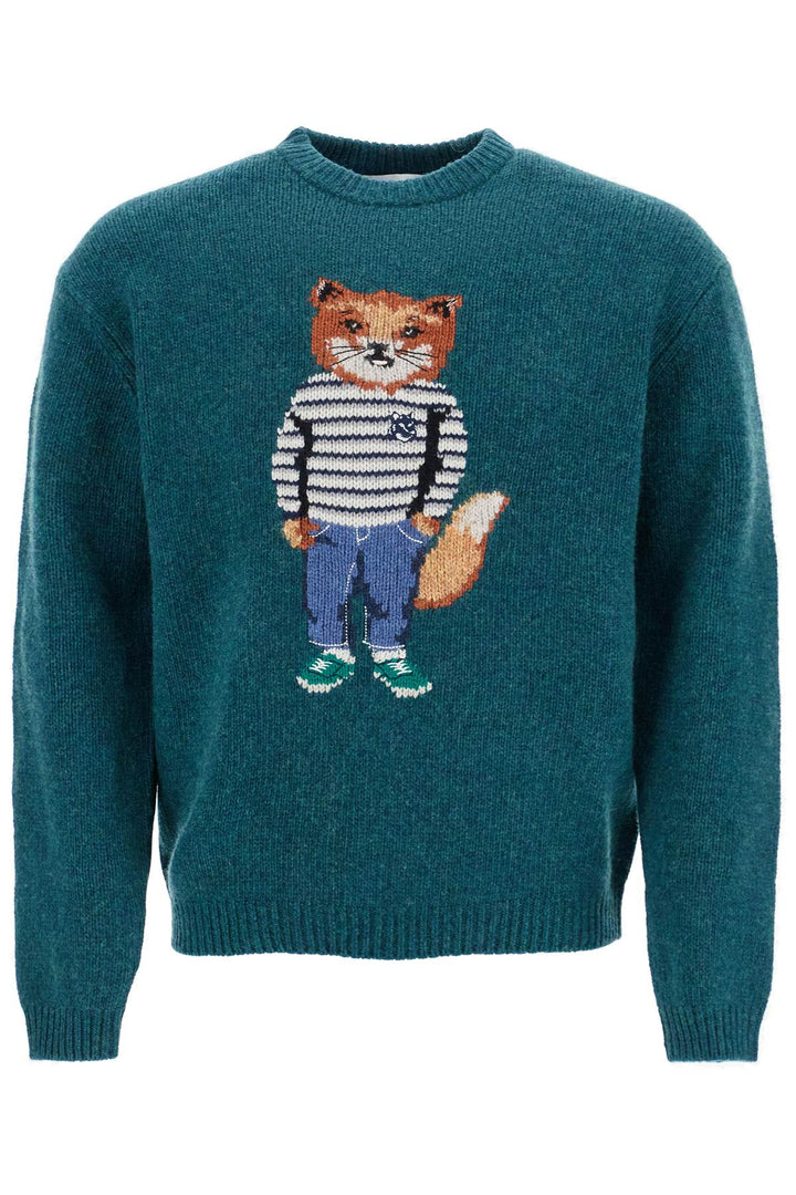 green wool sweater with fox intarsia-0