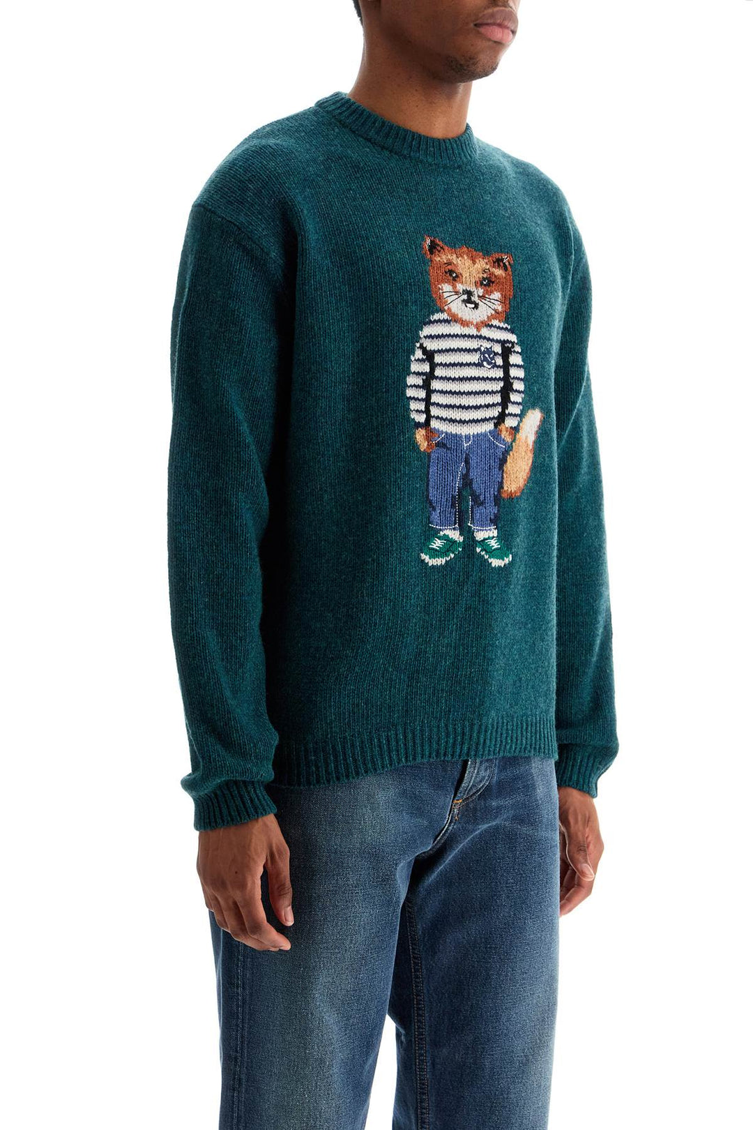 green wool sweater with fox intarsia-1