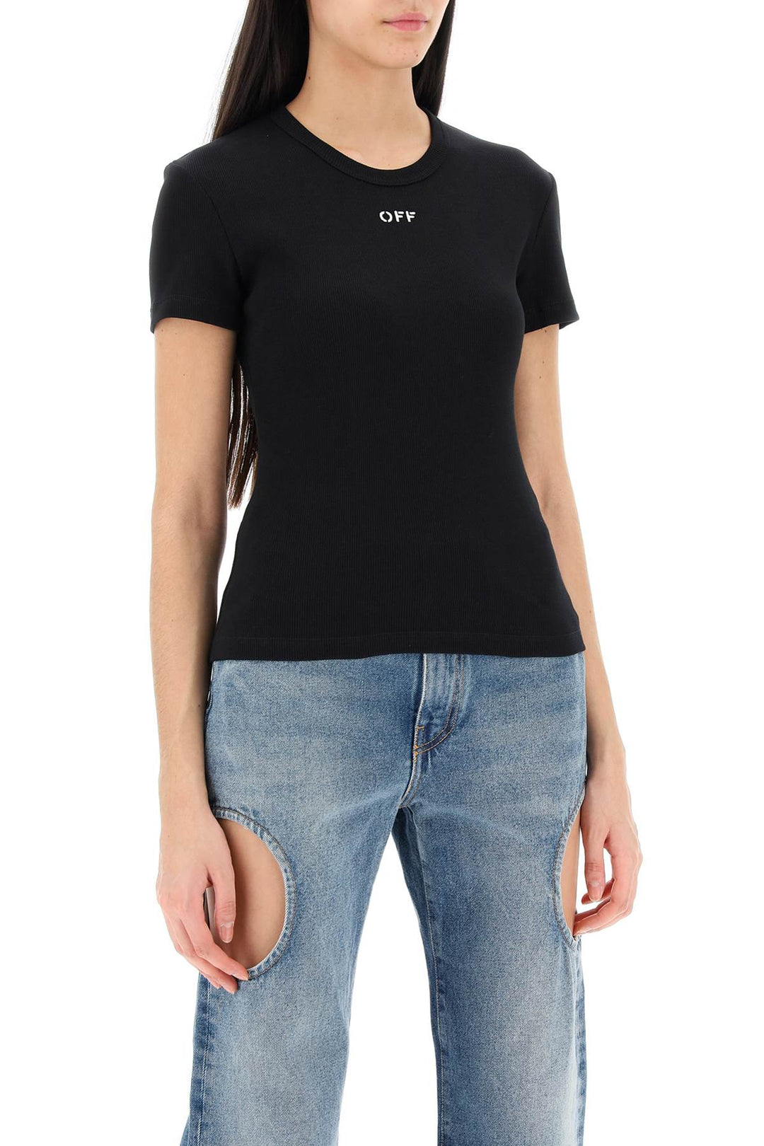 ribbed t-shirt with off embroidery-1