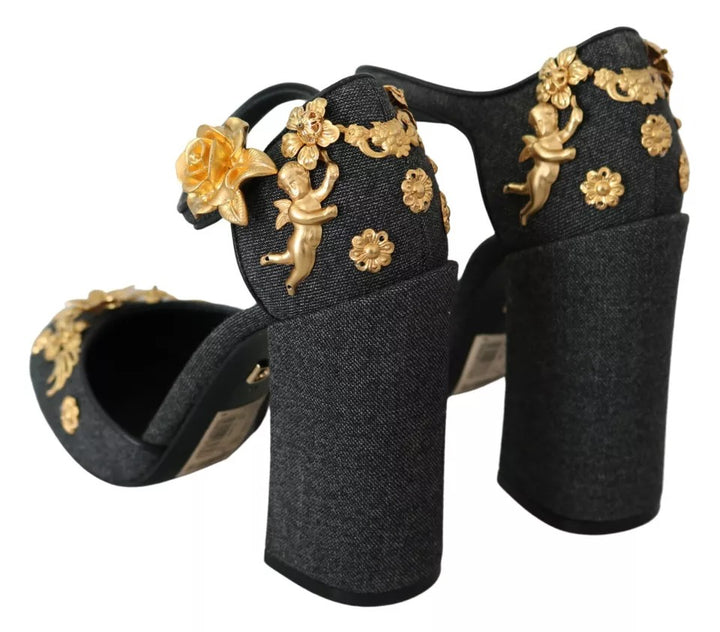 Black Floral Angel Applique Ankle Strap Pumps Shoes