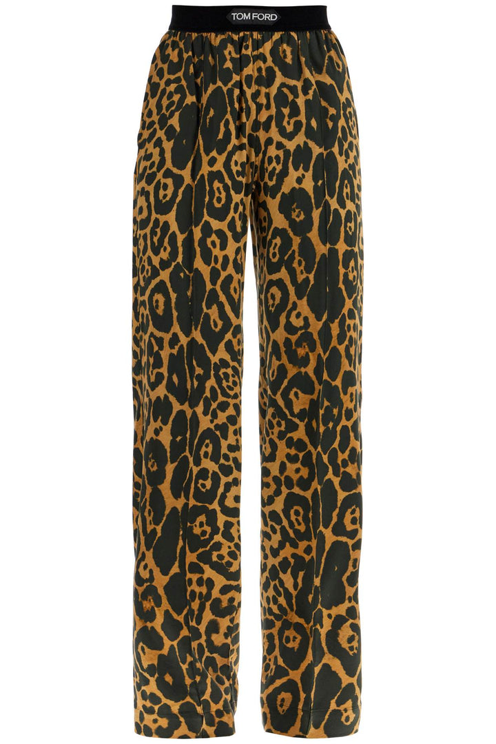 wide leg leopard print silk pants in camel and black-0