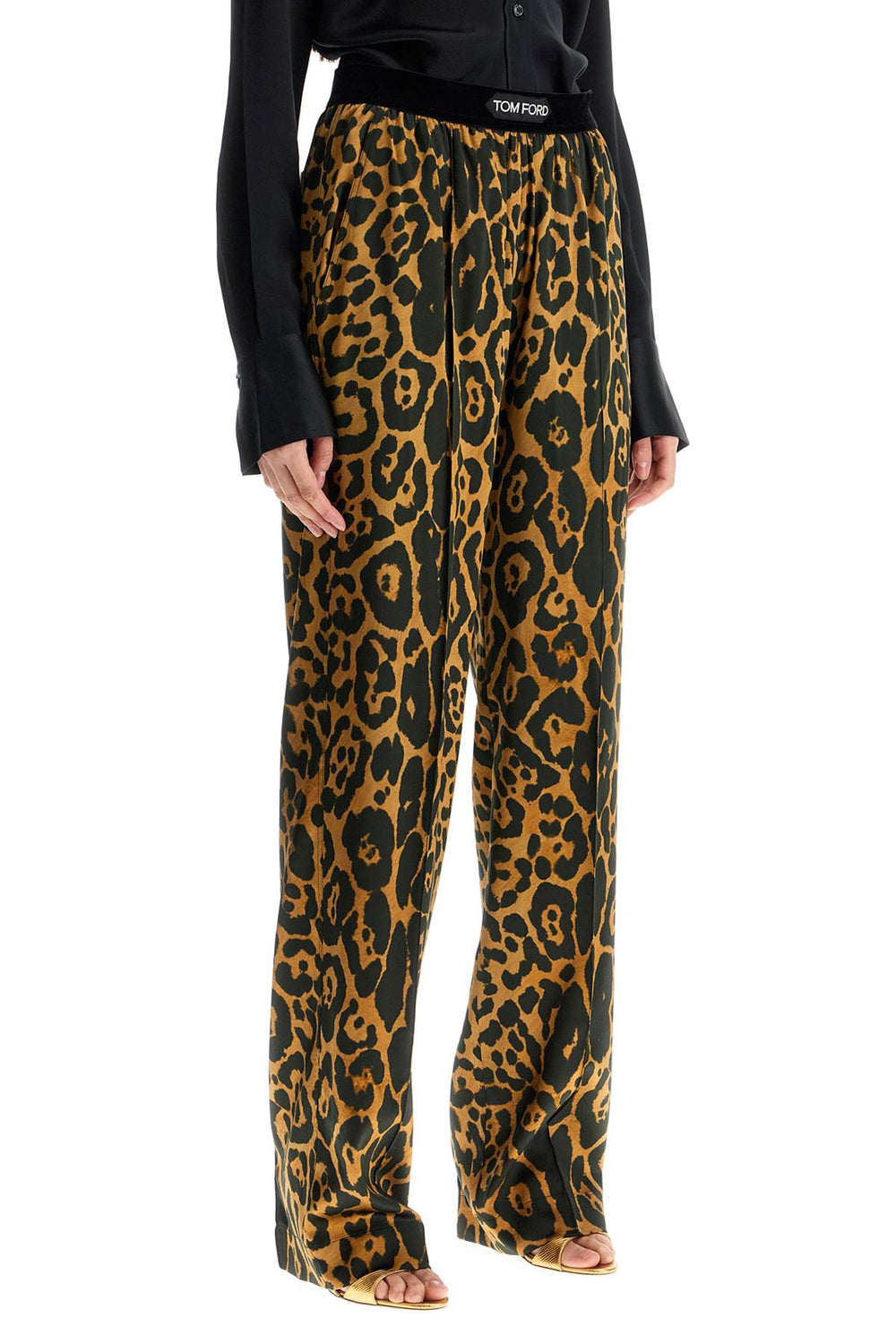 wide leg leopard print silk pants in camel and black-1