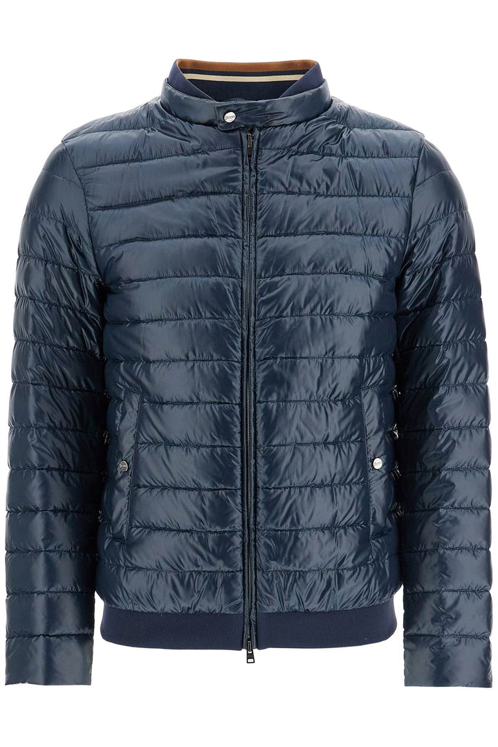 dark blue lightweight quilted nylon down jacket with high collar-0